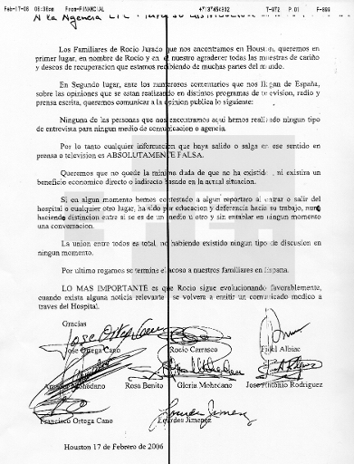 Comunicado distribuido y firmado por los familiares de Rocío Jurado